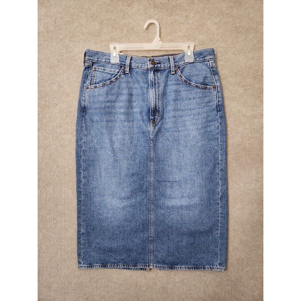 Levis Denim Midi Skirt Womens 33 Blue Back Slit 100% Cotton NEW